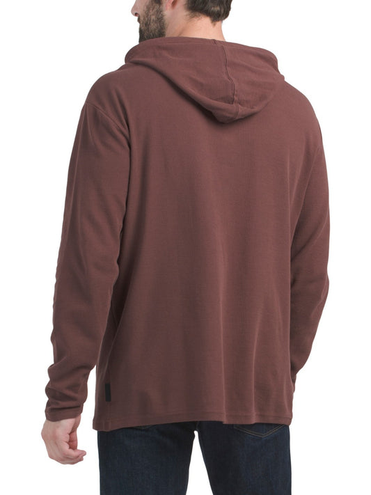 Quiksilver Mens Waffle Knit Thermal Hoodie Brown Size M Long Sleeve Kangaroo Pockets