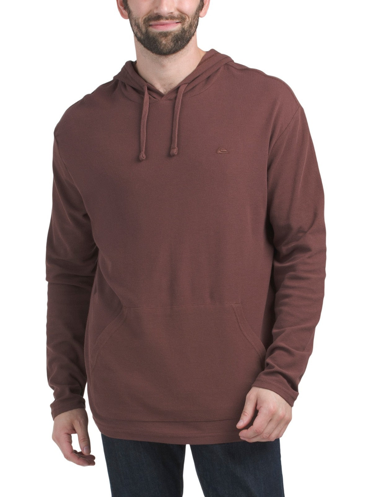 Quiksilver Mens Waffle Knit Thermal Hoodie Brown Size M Long Sleeve Kangaroo Pockets