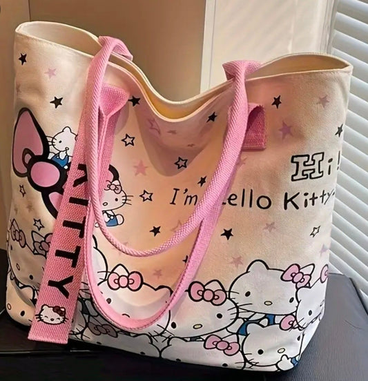 Hello Kitty Tote Bag Pink Canvas Shoulder Purse Zipper Double Handle Kawaii NEW